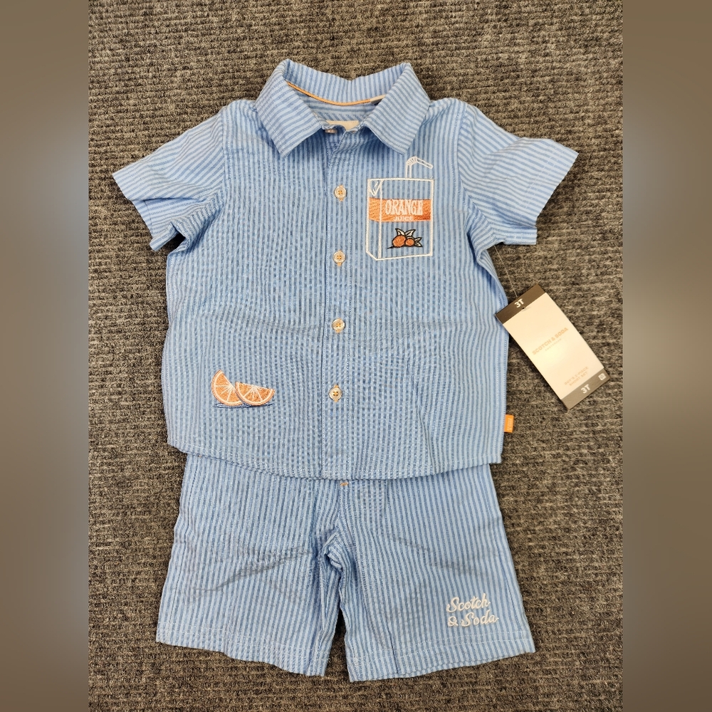 Scotch & Soda Kids' Yarn Dye Seersucker Button-Up Shirt & Shorts Set Sz 3T NWT